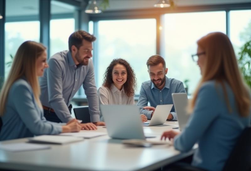 Photo of the AeroSistem Integrasi team collaborating in a modern office space